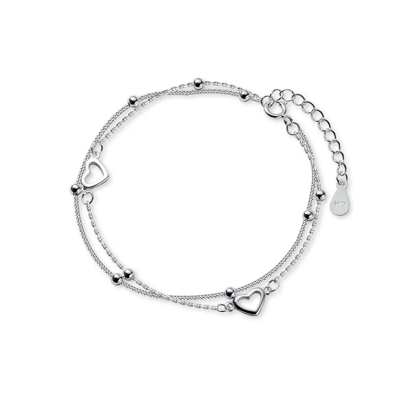 VENTFILLE Silver Double Love Heart Hollow Round Beads Bracelet Female Fashion Romantic Jewelry Classic Adjustable